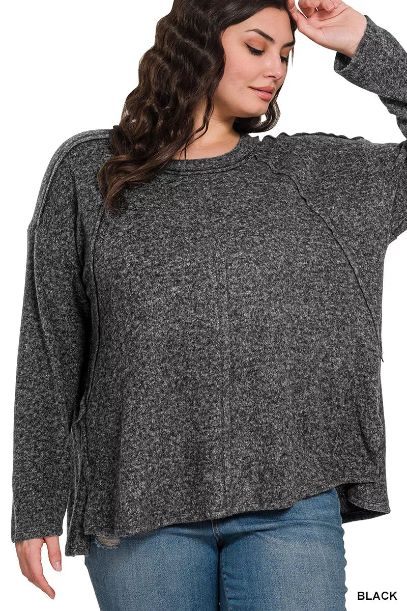Zenana Full Size Brushed Hacci Exposed Seam Hi Low Sweater Plus Size - Bitsy Gypsy Boutique