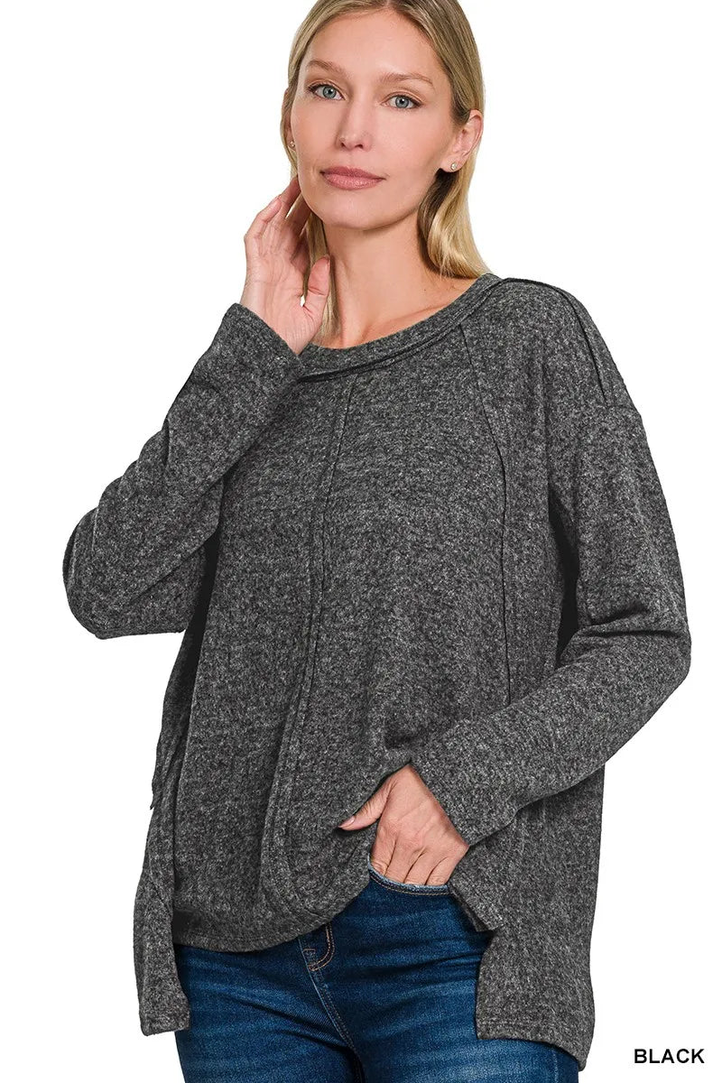 Zenana Full Size Brushed Hacci Exposed Seam Hi Low Sweater Plus Size - Bitsy Gypsy Boutique