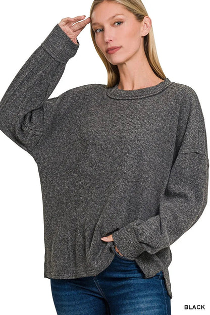 Zenana Full Size Brushed Ribbed Hacci Drop Shoulder Sweater Plus Size - Bitsy Gypsy Boutique