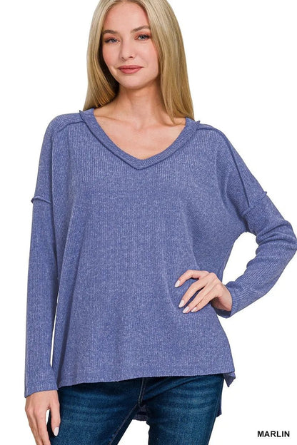 Zenana Full Size Brushed Ribbed Hacci Drop Shoulder V - Neck Sweater Plus Size - Bitsy Gypsy Boutique