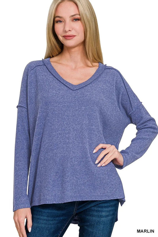 Zenana Full Size Brushed Ribbed Hacci Drop Shoulder V - Neck Sweater Plus Size - Bitsy Gypsy Boutique