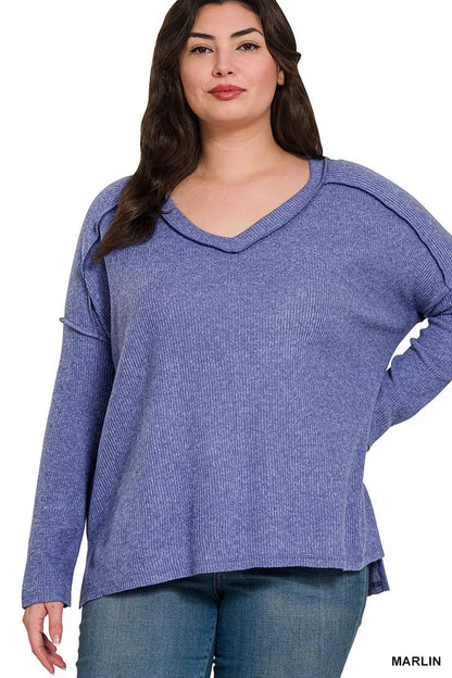 Zenana Full Size Brushed Ribbed Hacci Drop Shoulder V - Neck Sweater Plus Size - Bitsy Gypsy Boutique