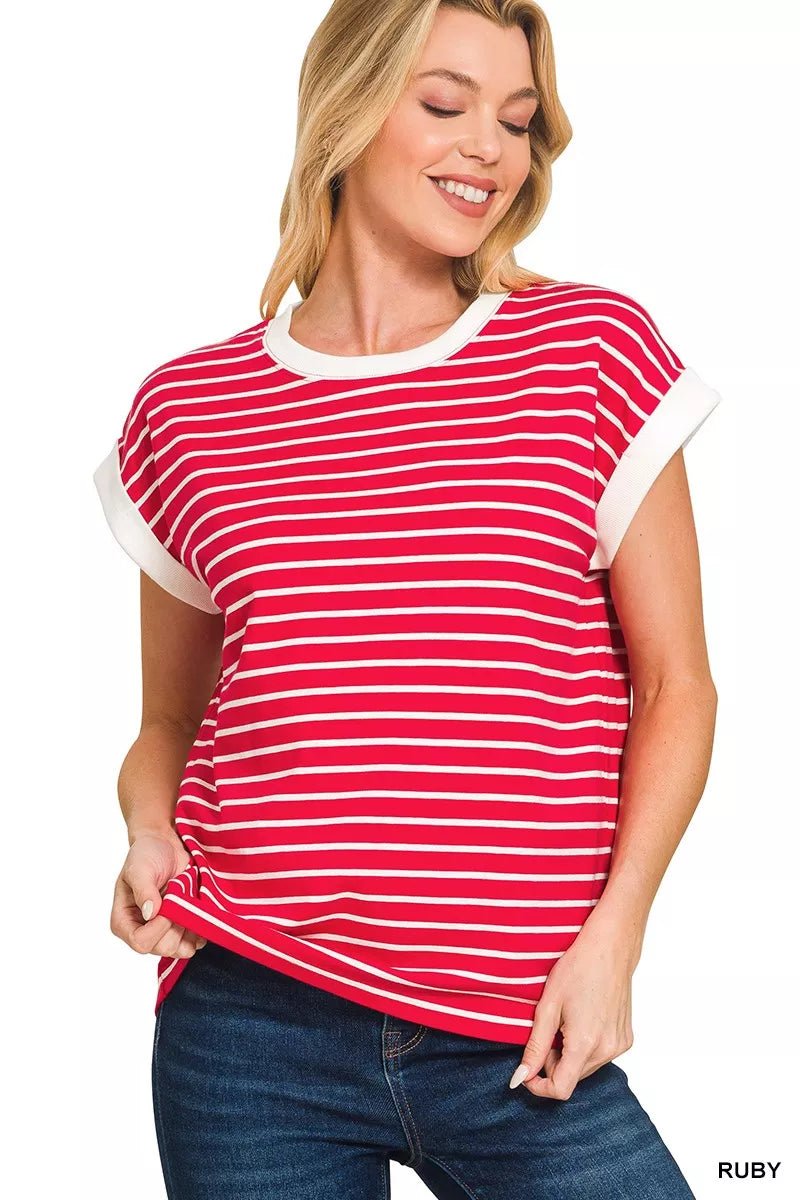 Zenana Full Size Contrast Trim Cap Sleeve Stripe Tee Plus Size - Bitsy Gypsy Boutique