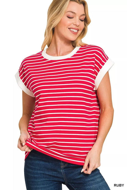 Zenana Full Size Contrast Trim Cap Sleeve Stripe Tee Plus Size - Bitsy Gypsy Boutique