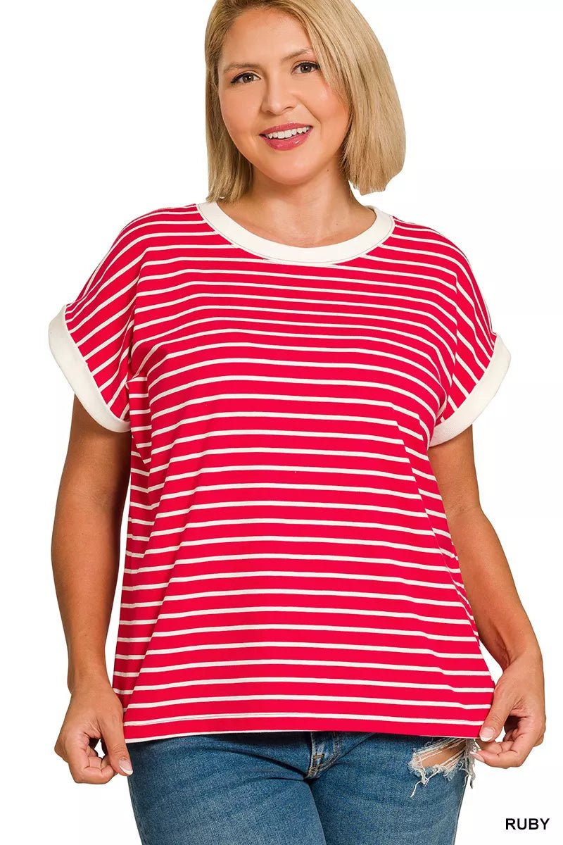 Zenana Full Size Contrast Trim Cap Sleeve Stripe Tee Plus Size - Bitsy Gypsy Boutique