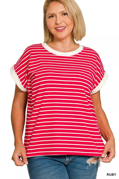 Zenana Full Size Contrast Trim Cap Sleeve Stripe Tee Plus Size - Bitsy Gypsy Boutique