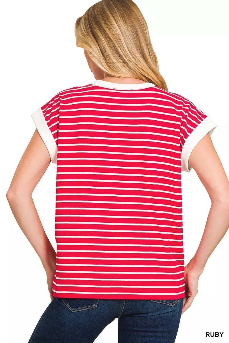Zenana Full Size Contrast Trim Cap Sleeve Stripe Tee Plus Size - Bitsy Gypsy Boutique