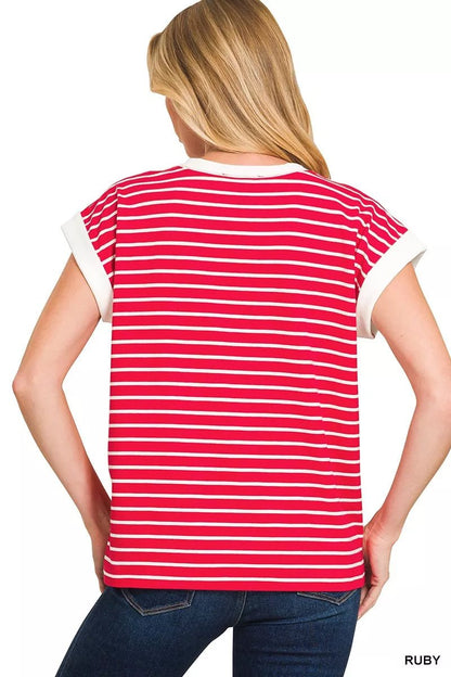 Zenana Full Size Contrast Trim Cap Sleeve Stripe Tee Plus Size - Bitsy Gypsy Boutique
