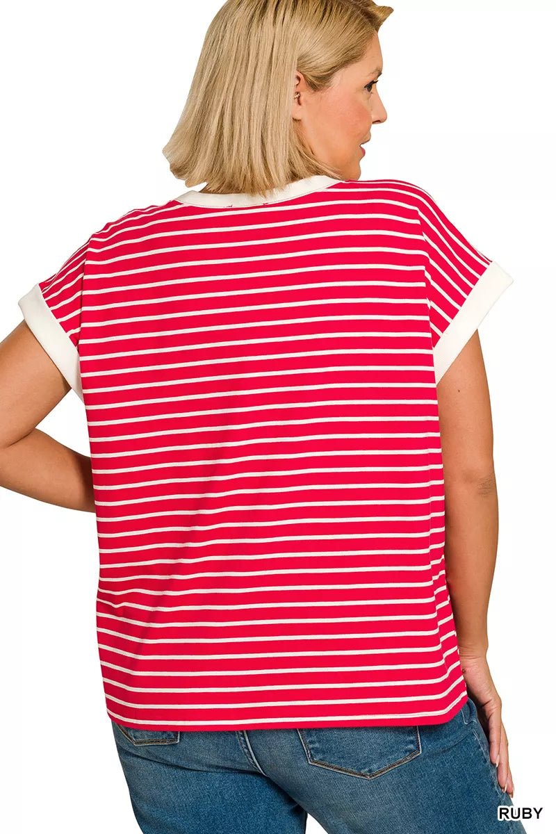 Zenana Full Size Contrast Trim Cap Sleeve Stripe Tee Plus Size - Bitsy Gypsy Boutique