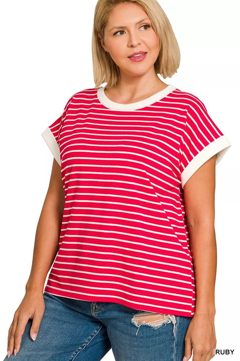 Zenana Full Size Contrast Trim Cap Sleeve Stripe Tee Plus Size - Bitsy Gypsy Boutique