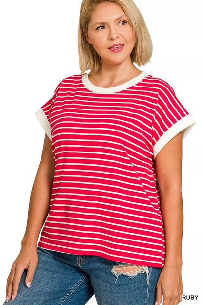 Zenana Full Size Contrast Trim Cap Sleeve Stripe Tee Plus Size - Bitsy Gypsy Boutique