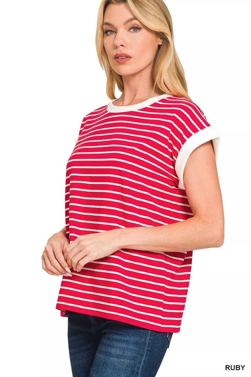 Zenana Full Size Contrast Trim Cap Sleeve Stripe Tee Plus Size - Bitsy Gypsy Boutique