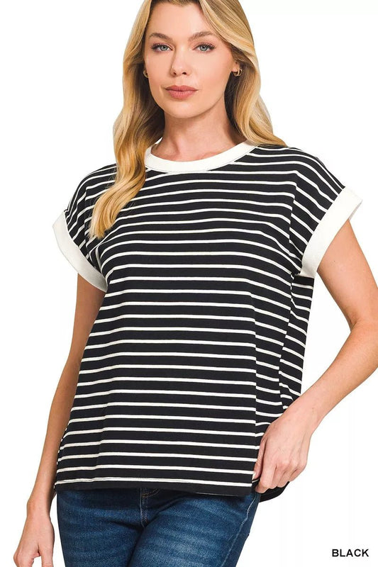 Zenana Full Size Contrast Trim Cap Sleeve Stripe Tee Plus Size - Bitsy Gypsy Boutique