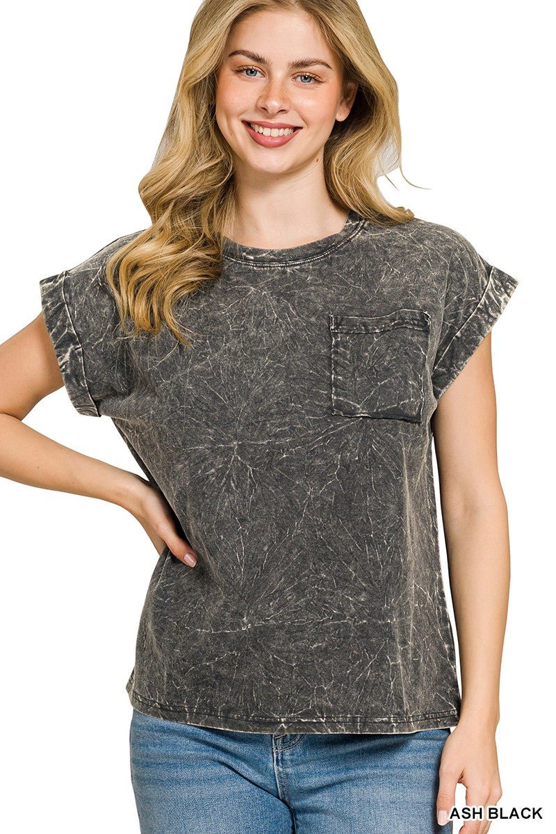 Zenana Full Size Crinkle Washed Round Neck Folded Short Sleeve Tee Plus Size - Bitsy Gypsy Boutique
