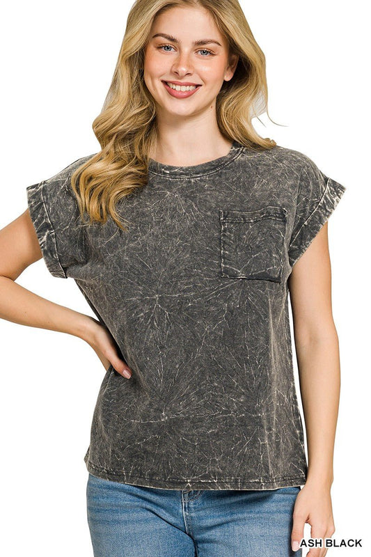 Zenana Full Size Crinkle Washed Round Neck Folded Short Sleeve Tee Plus Size - Bitsy Gypsy Boutique