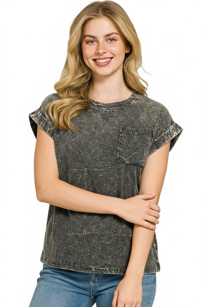 Zenana Full Size Crinkle Washed Round Neck Folded Short Sleeve Tee Plus Size - Bitsy Gypsy Boutique