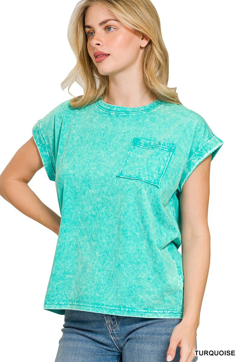 Zenana Full Size Crinkle Washed Round Neck Folded Short Sleeve Tee Plus Size - Bitsy Gypsy Boutique