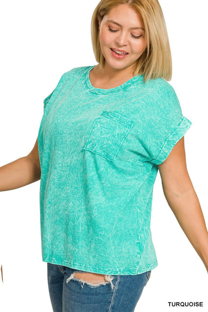 Zenana Full Size Crinkle Washed Round Neck Folded Short Sleeve Tee Plus Size - Bitsy Gypsy Boutique
