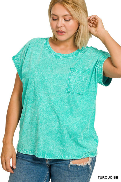 Zenana Full Size Crinkle Washed Round Neck Folded Short Sleeve Tee Plus Size - Bitsy Gypsy Boutique
