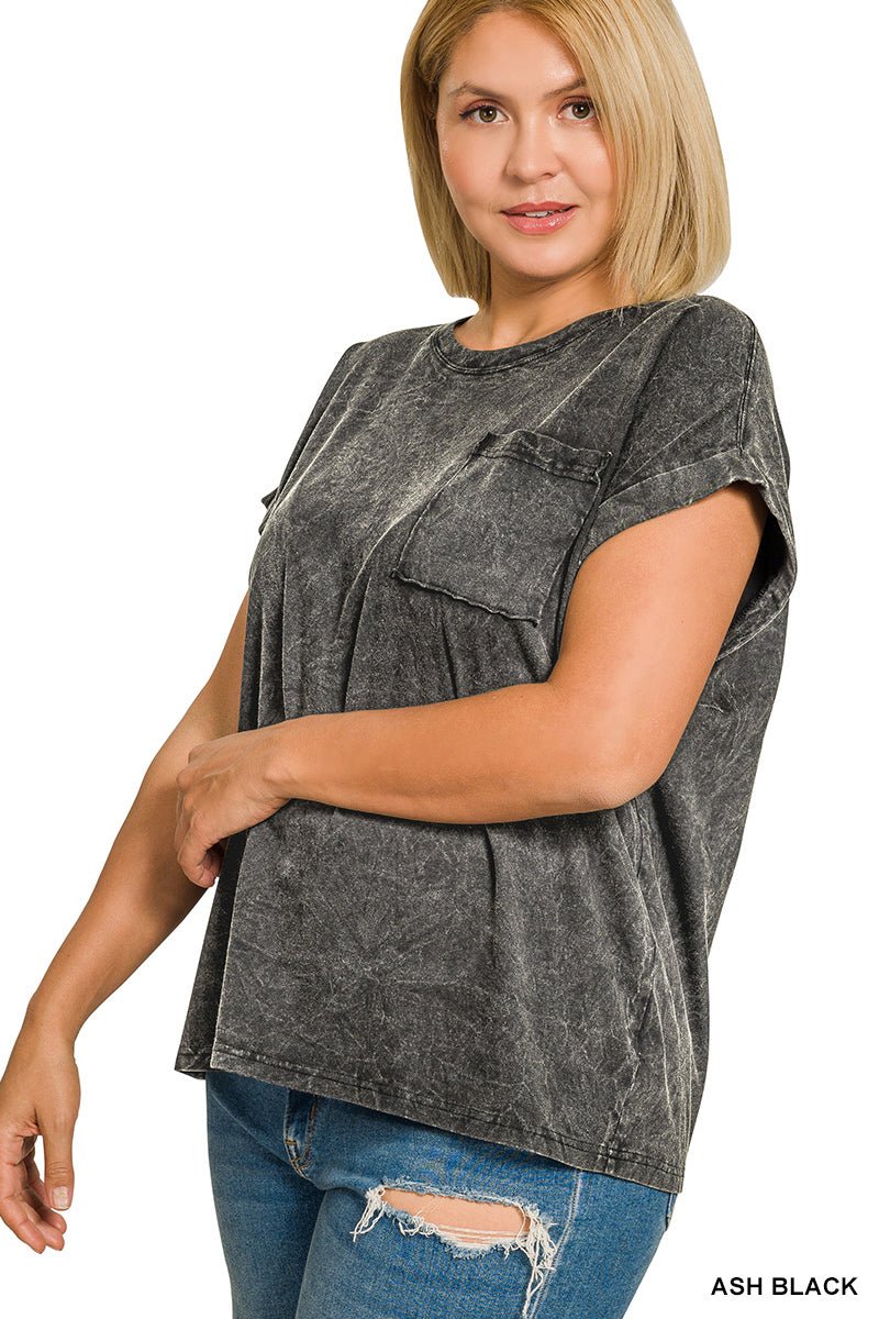 Zenana Full Size Crinkle Washed Round Neck Folded Short Sleeve Tee Plus Size - Bitsy Gypsy Boutique