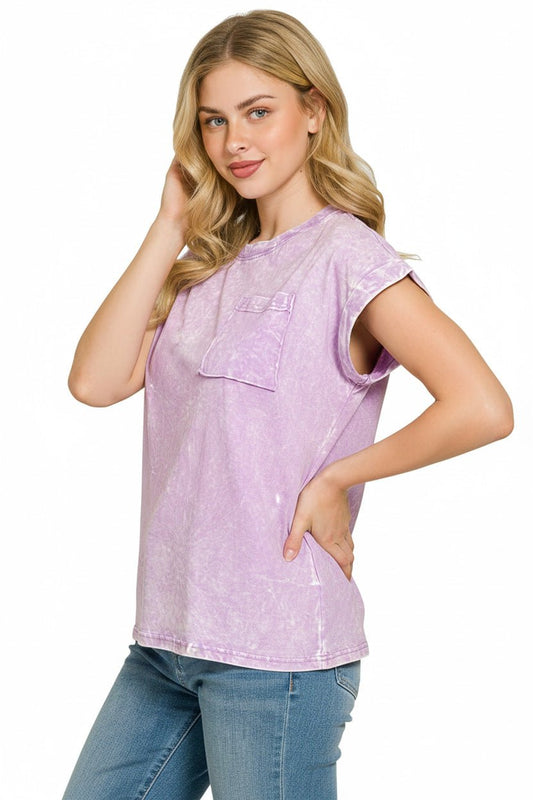 Zenana Full Size Crinkle Washed Round Neck Folded Short Sleeve Tee Plus Size - Bitsy Gypsy Boutique