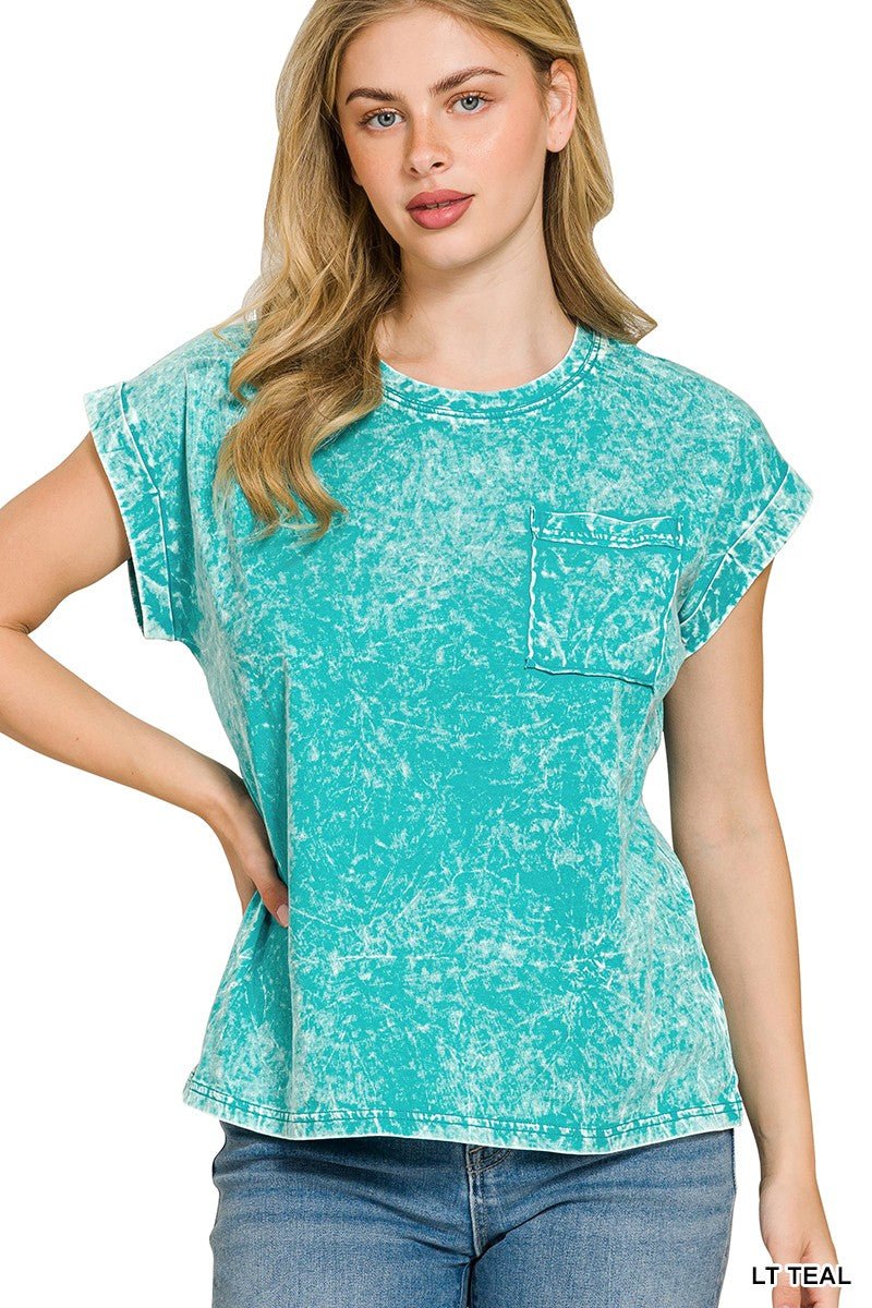 Zenana Full Size Crinkle Washed Round Neck Folded Short Sleeve Tee Plus Size - Bitsy Gypsy Boutique