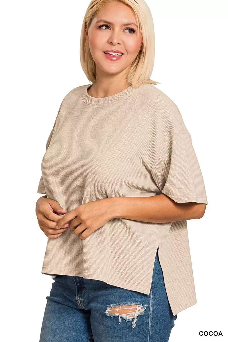 Zenana Full Size Double Knit Side Slits Hi Low Short Sleeve Top Plus Size - Bitsy Gypsy Boutique