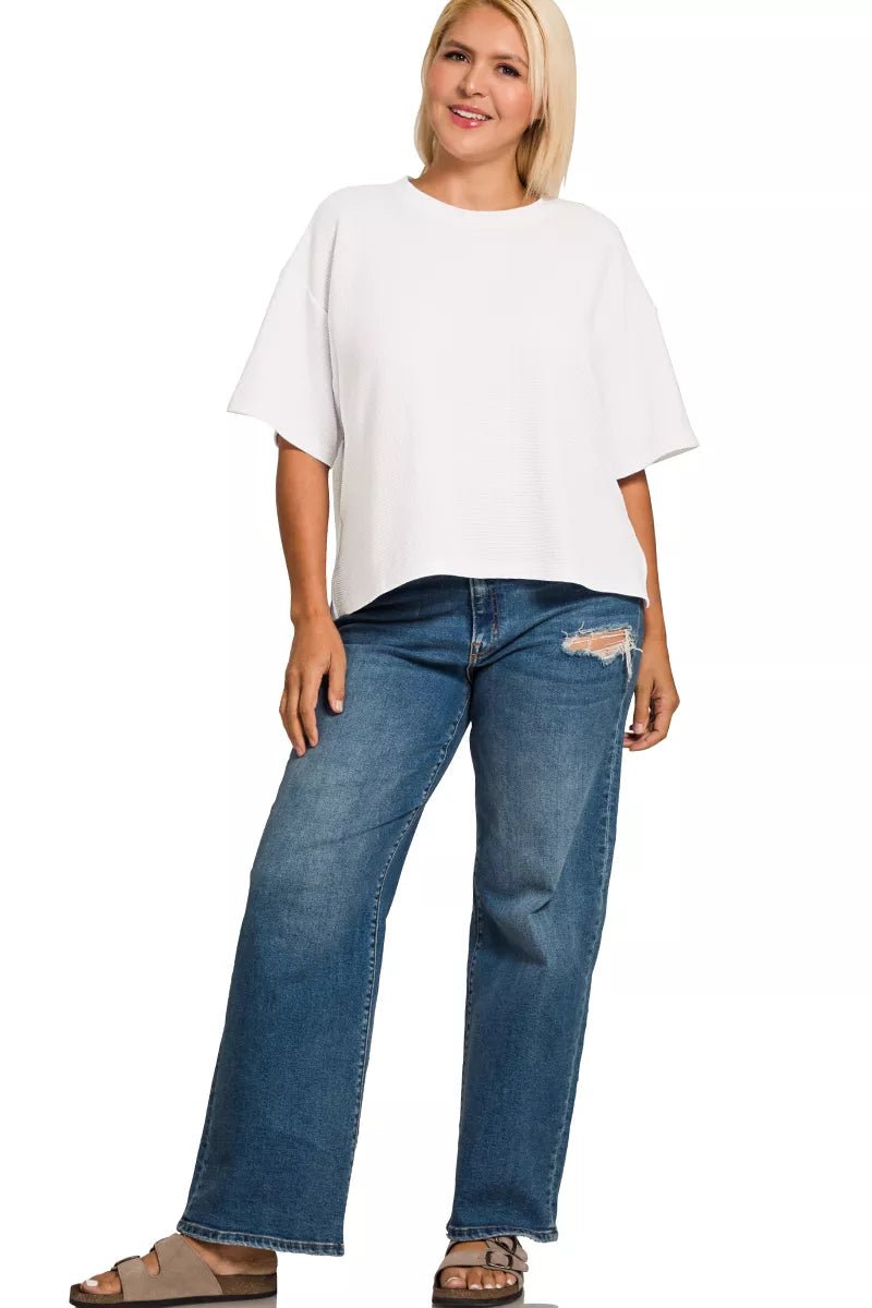 Zenana Full Size Double Knit Side Slits Hi Low Short Sleeve Top Plus Size - Bitsy Gypsy Boutique