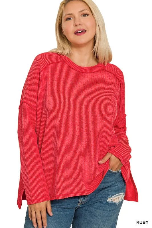 Zenana Full Size Exposed Seam Long Sleeve Corded Rib Knit Top Plus Size - Bitsy Gypsy Boutique