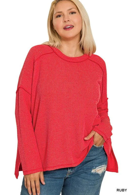 Zenana Full Size Exposed Seam Long Sleeve Corded Rib Knit Top Plus Size - Bitsy Gypsy Boutique