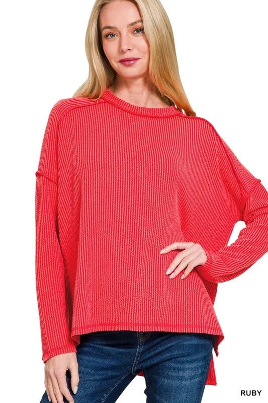 Zenana Full Size Exposed Seam Long Sleeve Corded Rib Knit Top Plus Size - Bitsy Gypsy Boutique