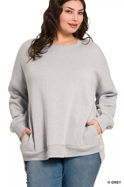 Zenana Full Size Fleece Hi - low Boyfriend Sweatshirts with Pockets Plus Size - Bitsy Gypsy Boutique