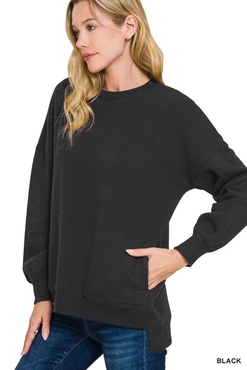 Zenana Full Size Fleece Hi - low Boyfriend Sweatshirts with Pockets Plus Size - Bitsy Gypsy Boutique