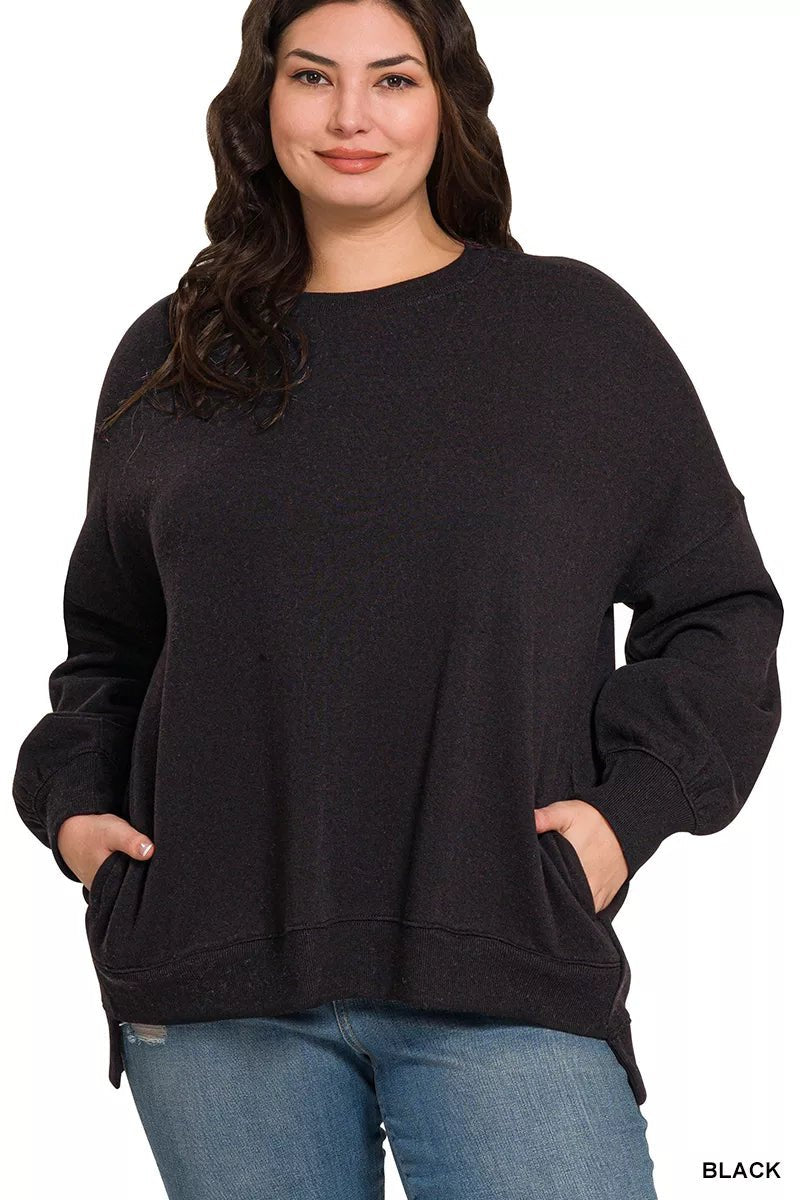 Zenana Full Size Fleece Hi - low Boyfriend Sweatshirts with Pockets Plus Size - Bitsy Gypsy Boutique