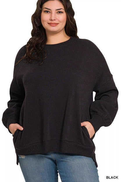 Zenana Full Size Fleece Hi - low Boyfriend Sweatshirts with Pockets Plus Size - Bitsy Gypsy Boutique