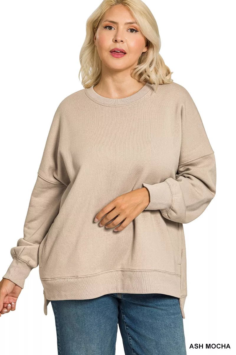 Zenana Full Size Fleece Hi - low Boyfriend Sweatshirts with Pockets Plus Size - Bitsy Gypsy Boutique