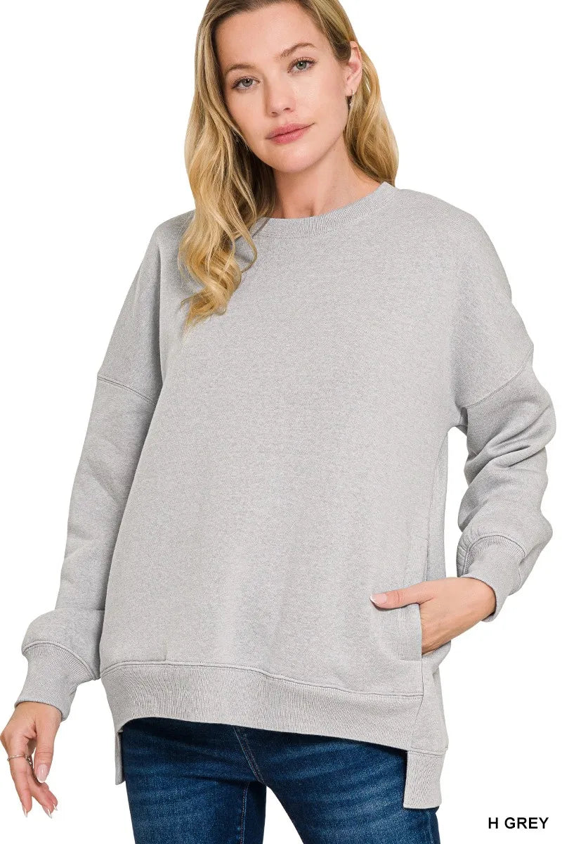 Zenana Full Size Fleece Hi - low Boyfriend Sweatshirts with Pockets Plus Size - Bitsy Gypsy Boutique