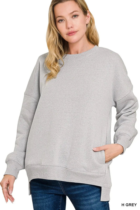Zenana Full Size Fleece Hi - low Boyfriend Sweatshirts with Pockets Plus Size - Bitsy Gypsy Boutique