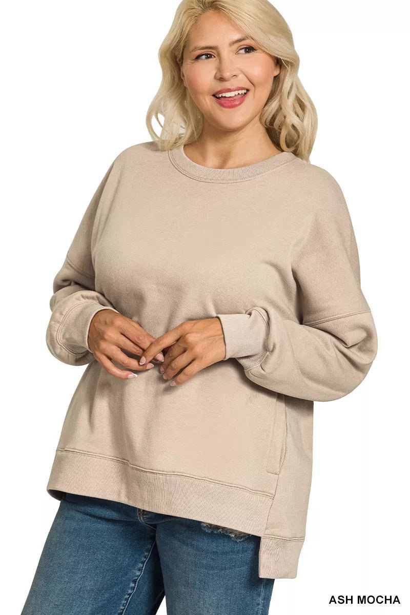 Zenana Full Size Fleece Hi - low Boyfriend Sweatshirts with Pockets Plus Size - Bitsy Gypsy Boutique