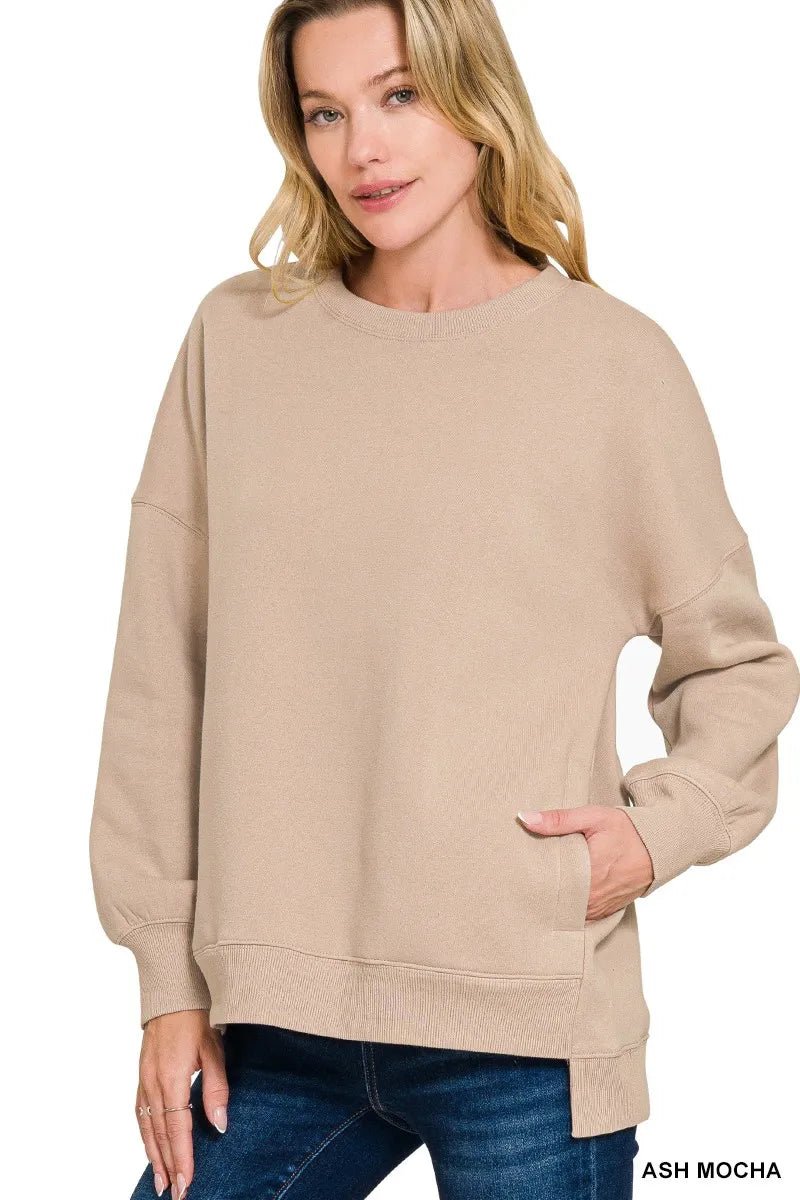 Zenana Full Size Fleece Hi - low Boyfriend Sweatshirts with Pockets Plus Size - Bitsy Gypsy Boutique