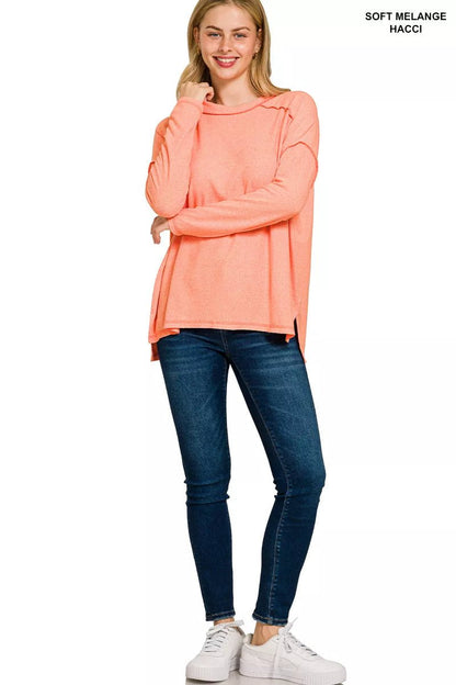 Zenana Full Size Melange Hacci Exposed Seam Hi - low Tee - Bitsy Gypsy Boutique