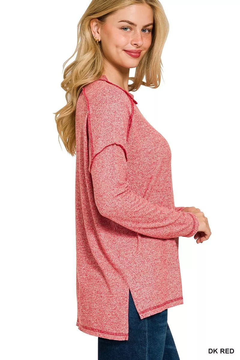 Zenana Full Size Melange Hacci Exposed Seam Hi - low Tee Plus Size - Bitsy Gypsy Boutique