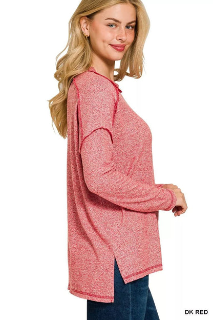 Zenana Full Size Melange Hacci Exposed Seam Hi - low Tee Plus Size - Bitsy Gypsy Boutique