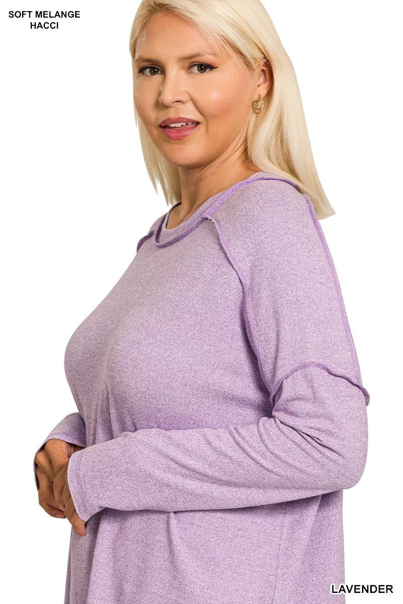 Zenana Full Size Melange Hacci Exposed Seam Hi - low Tee Plus Size - Bitsy Gypsy Boutique