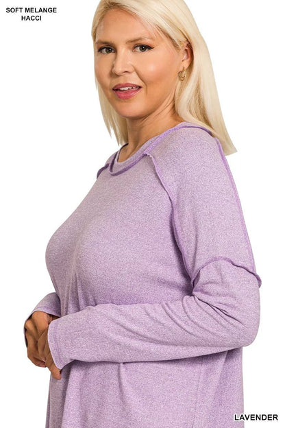 Zenana Full Size Melange Hacci Exposed Seam Hi - low Tee Plus Size - Bitsy Gypsy Boutique