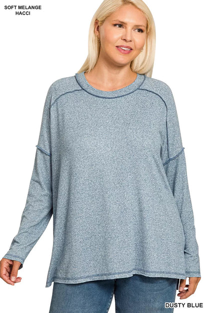 Zenana Full Size Melange Hacci Exposed Seam Hi - low Tee Plus Size - Bitsy Gypsy Boutique