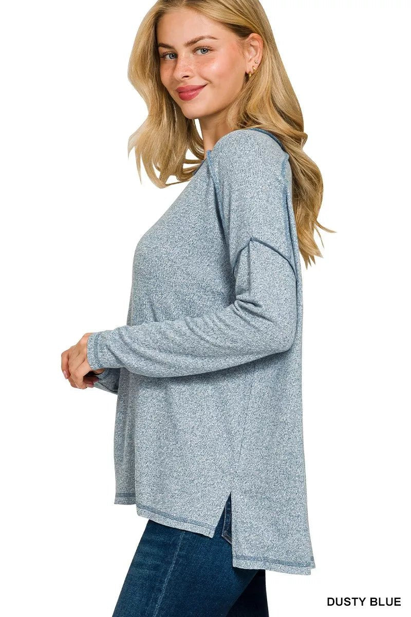 Zenana Full Size Melange Hacci Exposed Seam Hi - low Tee Plus Size - Bitsy Gypsy Boutique