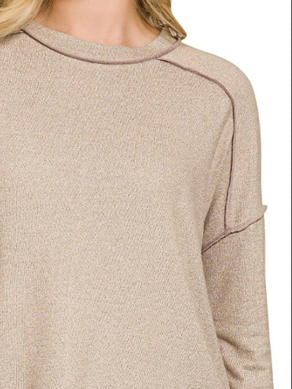 Zenana Full Size Melange Hacci Exposed Seam Hi - low Tee Plus Size - Bitsy Gypsy Boutique