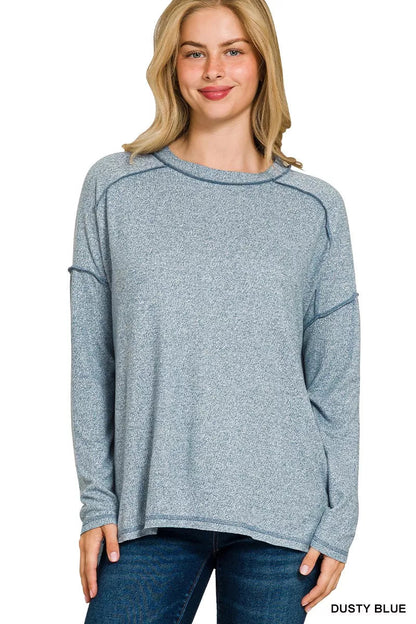 Zenana Full Size Melange Hacci Exposed Seam Hi - low Tee Plus Size - Bitsy Gypsy Boutique