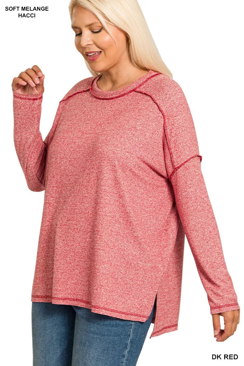 Zenana Full Size Melange Hacci Exposed Seam Hi - low Tee Plus Size - Bitsy Gypsy Boutique